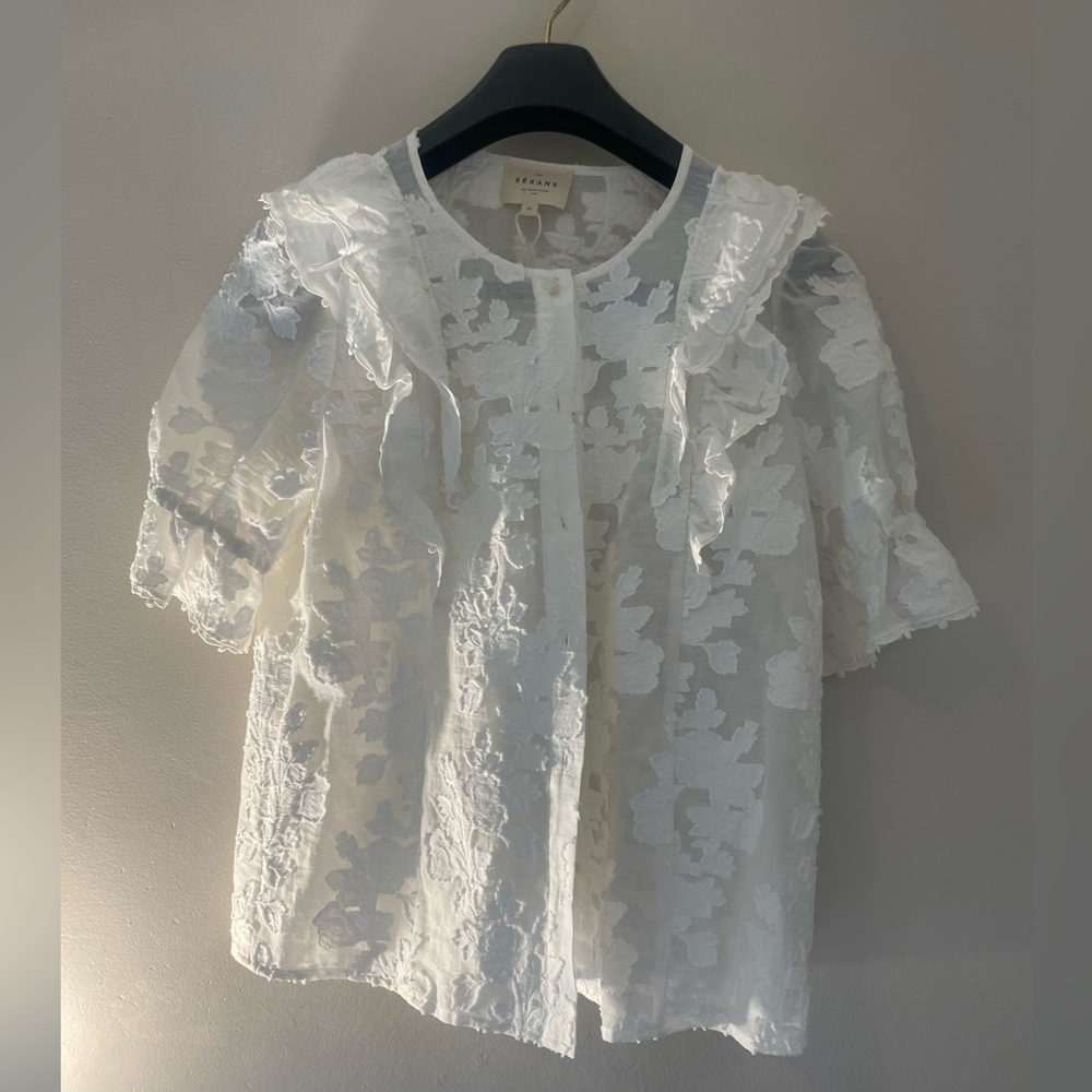 Sezane White Floral Lace Ruffle Blouse